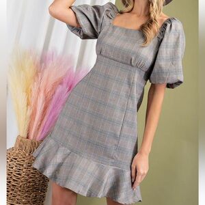 Eesome Glen Plaid Dress Puff Sleeves Brown Women's Medium EUC
